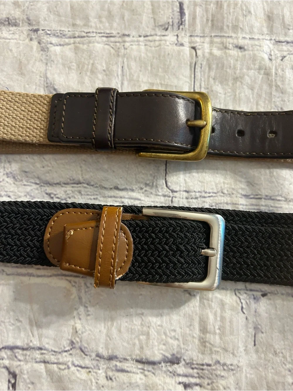 BROOKS LEATHER BRASS BUCKLE TAN WEB BELT SIZE 38 & BLACK STRETCH BROWN BELT 36